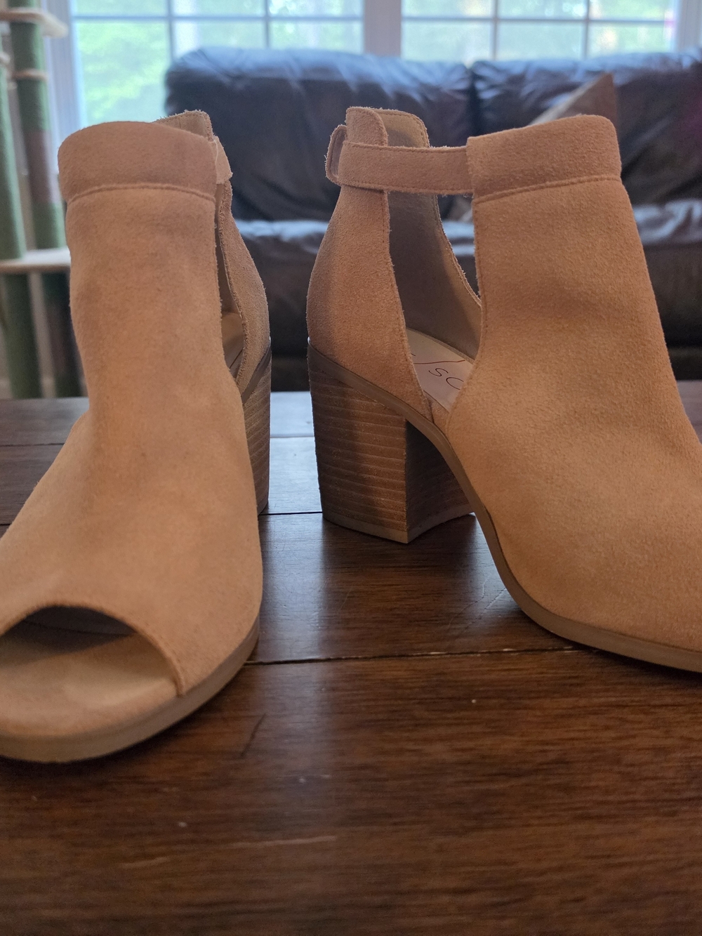 Sole Society Open-Toe Suede Block Heel Booties in Tan
